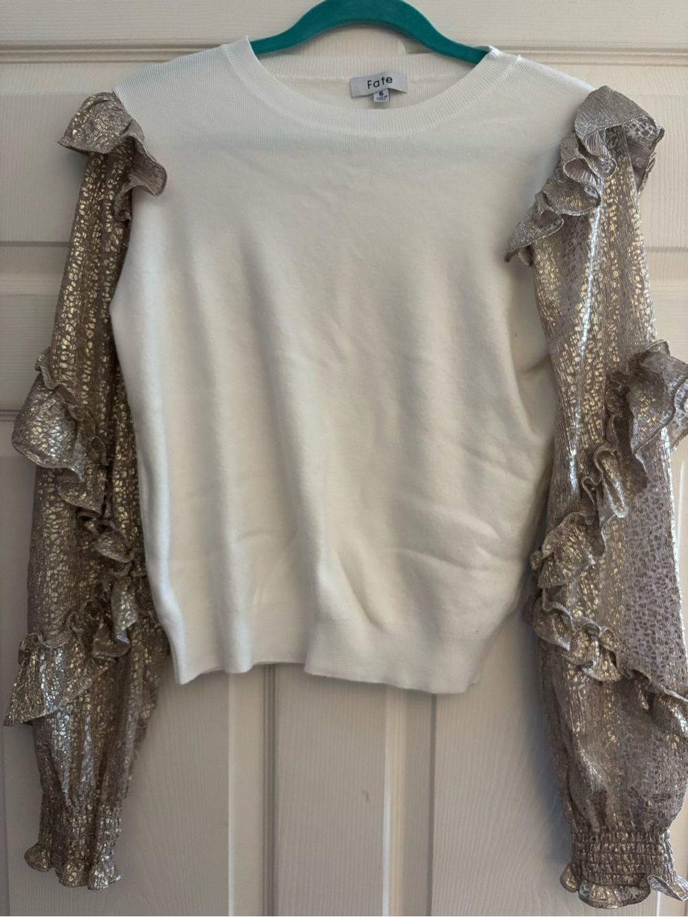 vestique White Sweater with Shimmery Gold Ruffle Sleeves
